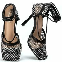 SUPERSTAR STATUS SQUARE TOE NETTED STRAPPY PUMP IN BLACK -Sewing Down South shop superstar status square toe netted strappy pump in black black 5 5